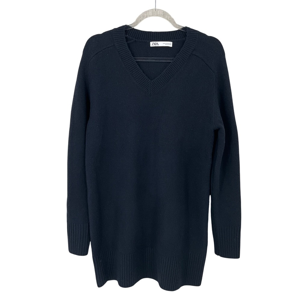 Zara Sweater Womens M Navy Blue Wool Blend V-Neck Relaxed Classic Minimalist